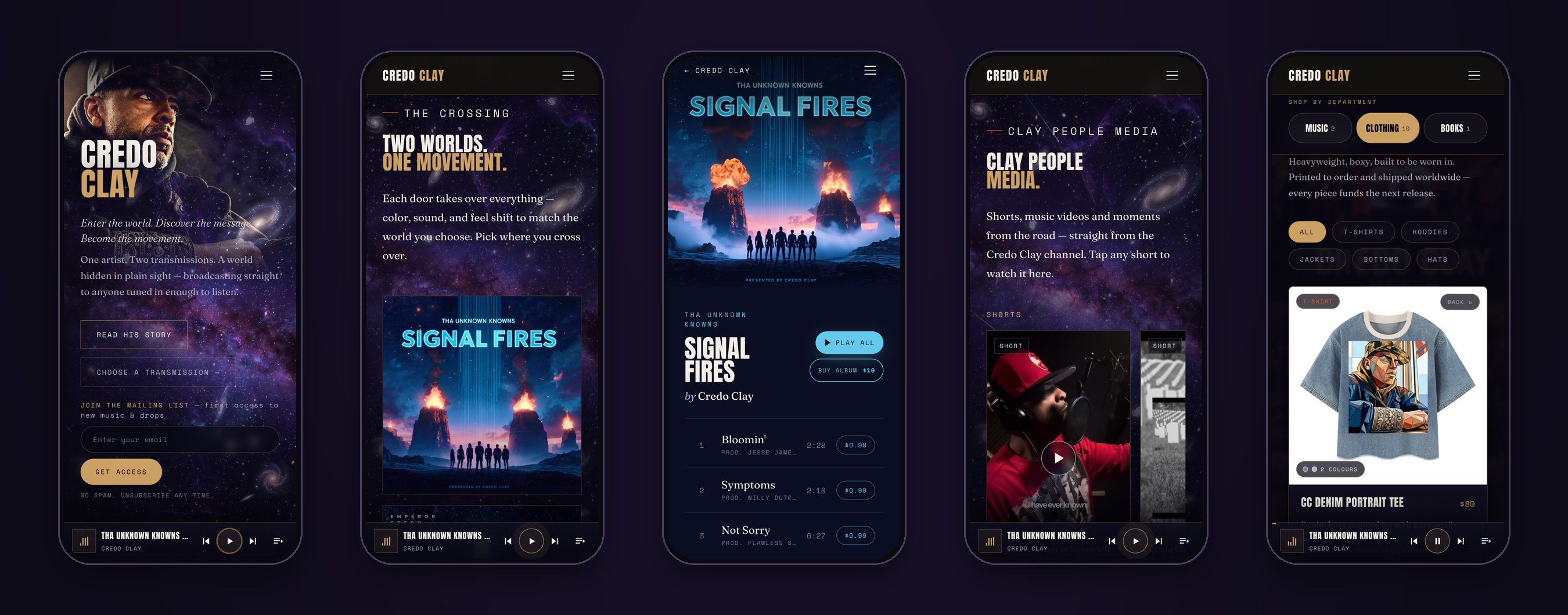 Credo Clay website on five phone screens: home, music, the Signal Fires album page, Clay People Media, and the clothing merch store
