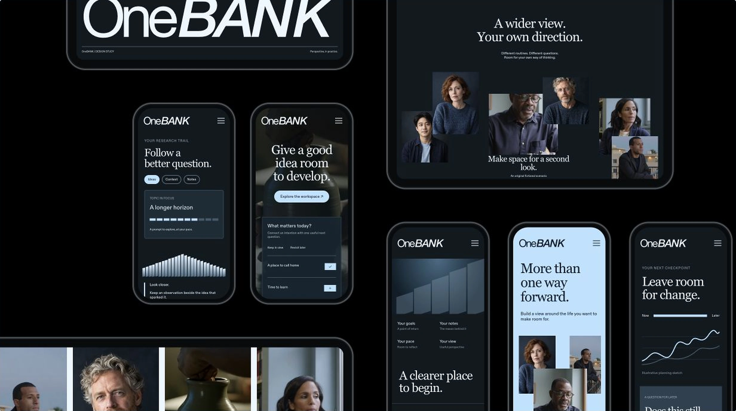 OneBANK website concept across eight original tablet and phone mockups, with light-blue interfaces on a black field