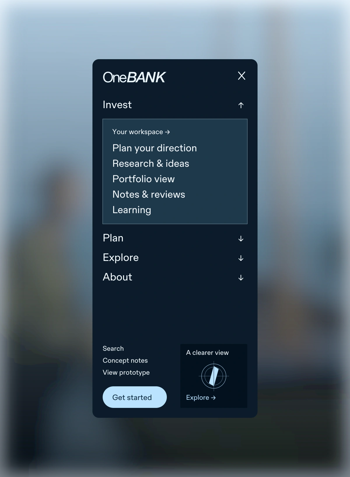 OneBANK mobile navigation concept with an expanded Invest menu over a softly blurred blue background