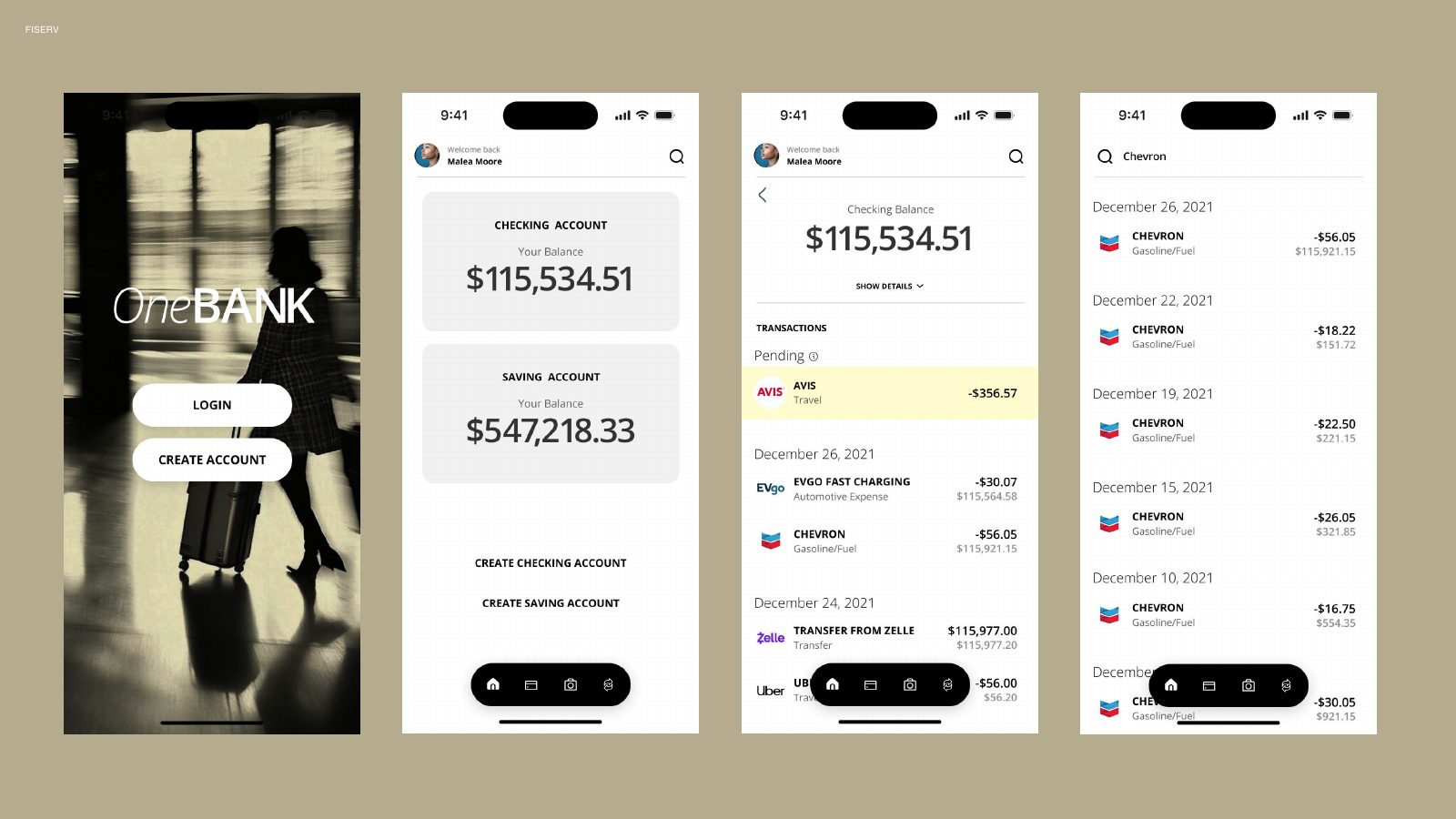 Fiserv mobile banking app screens